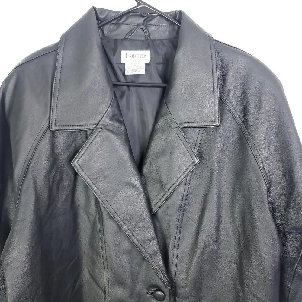 Tribeca Studio Leather Coat Womens Large Mid Length Black Minimalist Classic